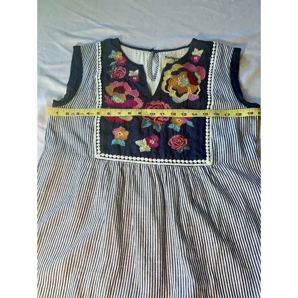 Savanna Jane Sleeveless Blue White Floral Embroidered Shirt SZ MED Beach BOHO - Picture 3 of 5